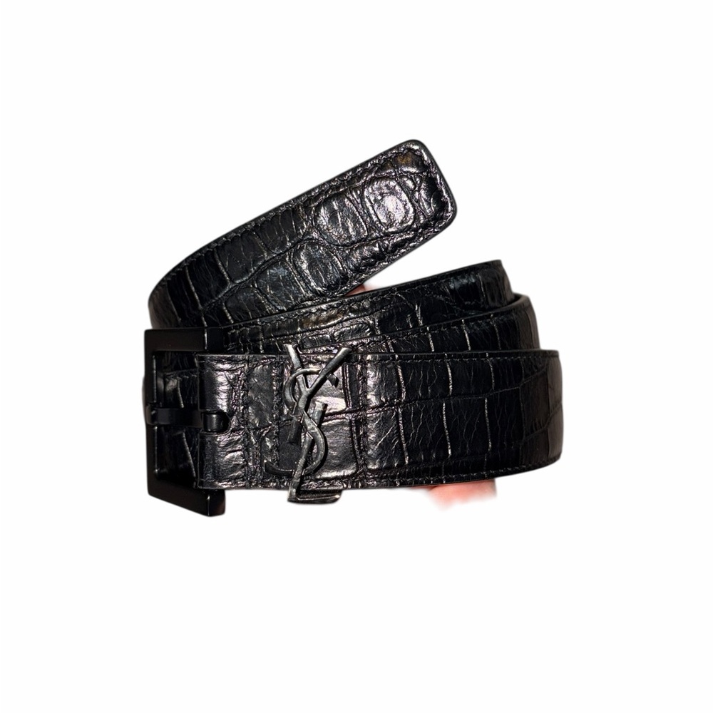 🚩Yves Saint Laurent Black Croc-Embossed Belt size 95 authentic - Picture 5 of 9